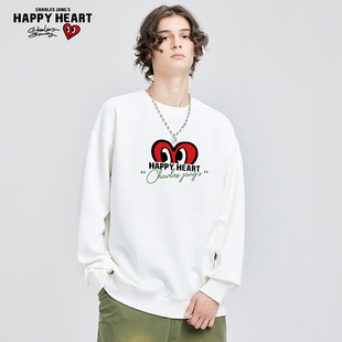 查尔斯桃心 无帽卫衣男圆领秋季宽松爱心印花套头白色内搭打底衫