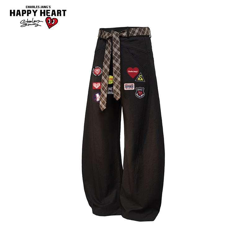 查尔斯桃心趣味印花直筒裤男女春秋季2026新款宽松休闲弯刀长裤子