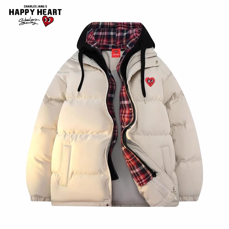 查尔斯桃心 美式拼色格纹棉衣男冬季假两件防寒保暖连帽面包棉服