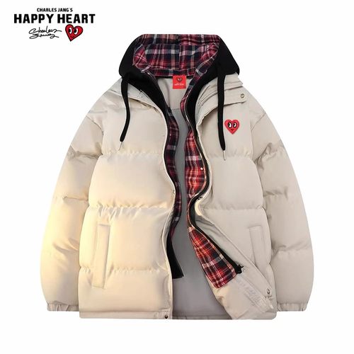 查尔斯桃心格纹连帽假两件棉服男