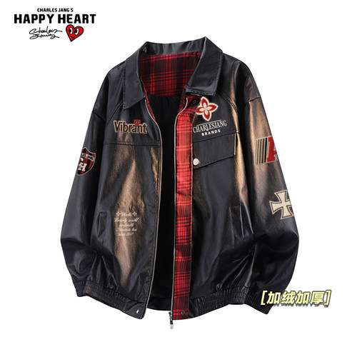 查尔斯桃心复古印花加绒加厚PU皮夹克男士冬