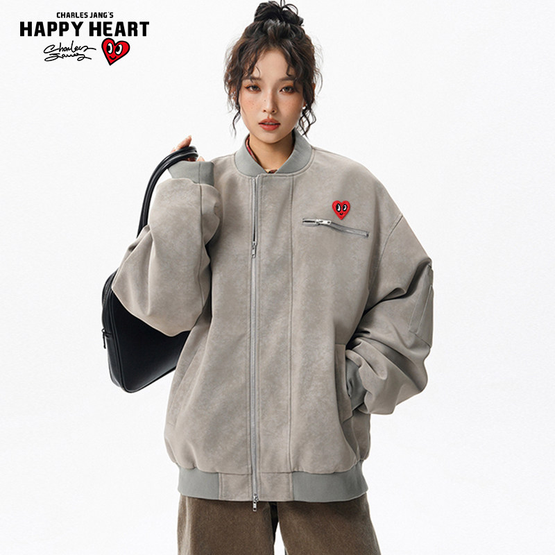 查尔斯桃心美式棒球服男春秋季高街痞帅扎染皮夹克设计感工装外套