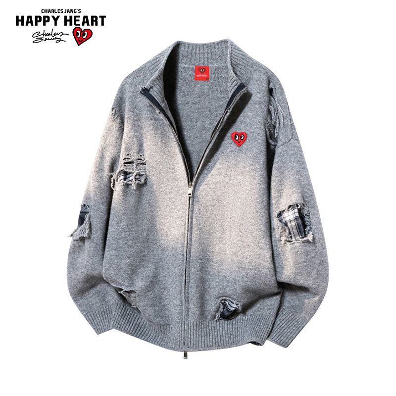 查尔斯桃心破洞拼接立领针织衫外套男女冬季