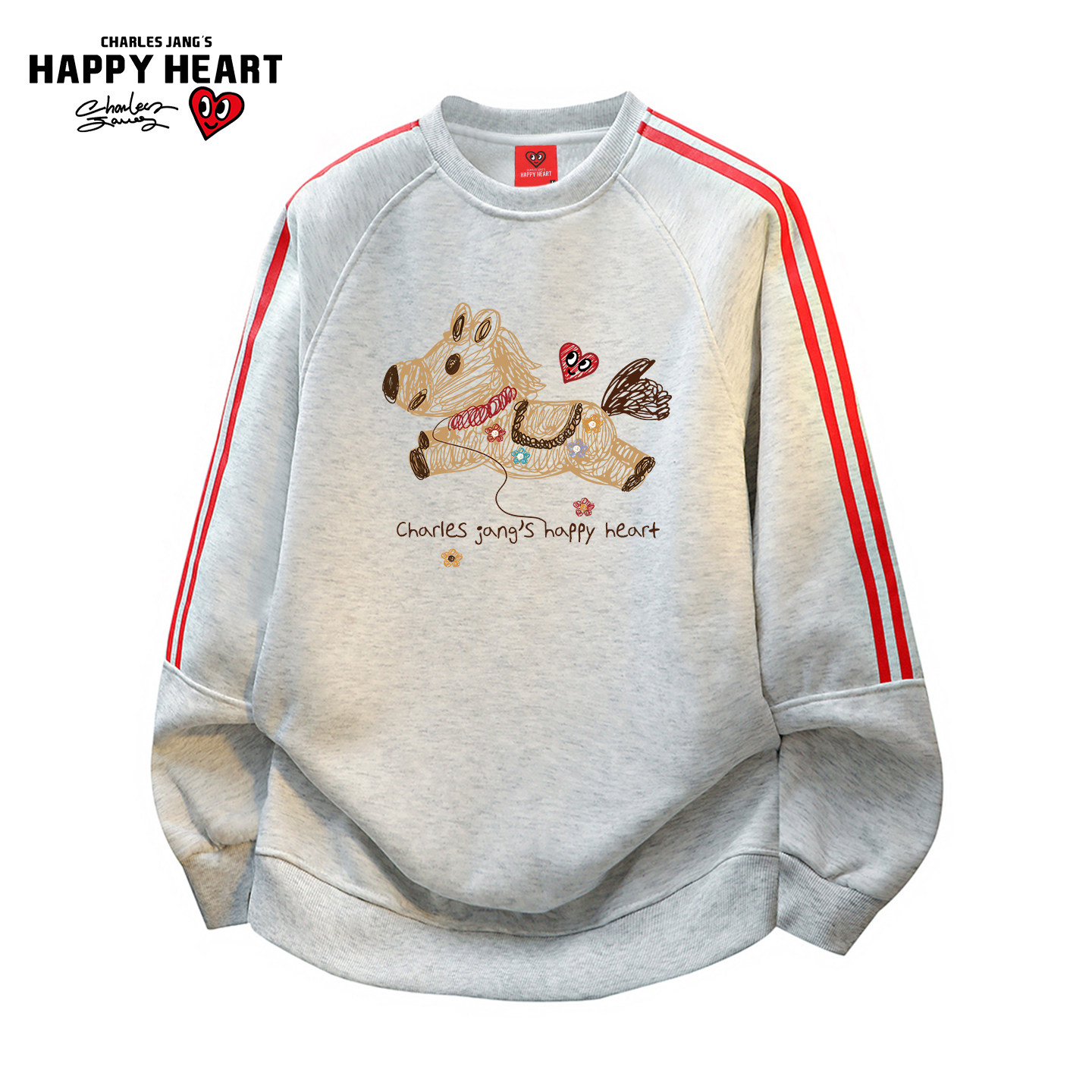 查尔斯桃心拼色条纹小马印花卫衣男圆领春秋季2026新款运动上衣潮