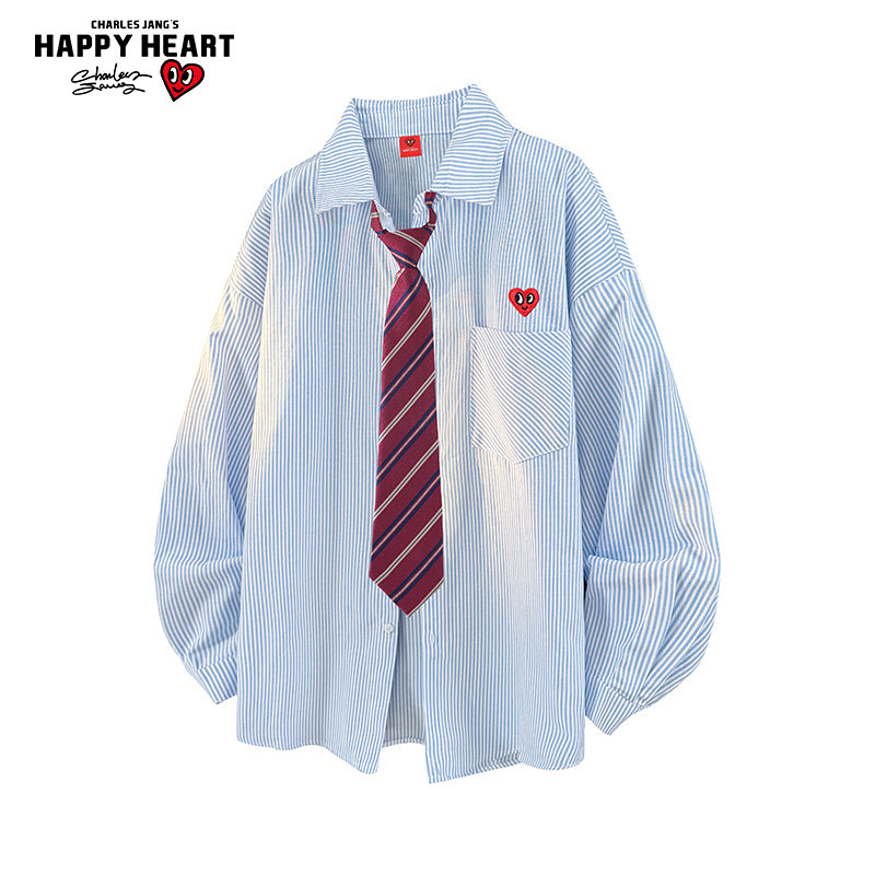查尔斯桃心 日系领带条纹长袖衬衫男女春秋宽松休闲情侣衬衣外套