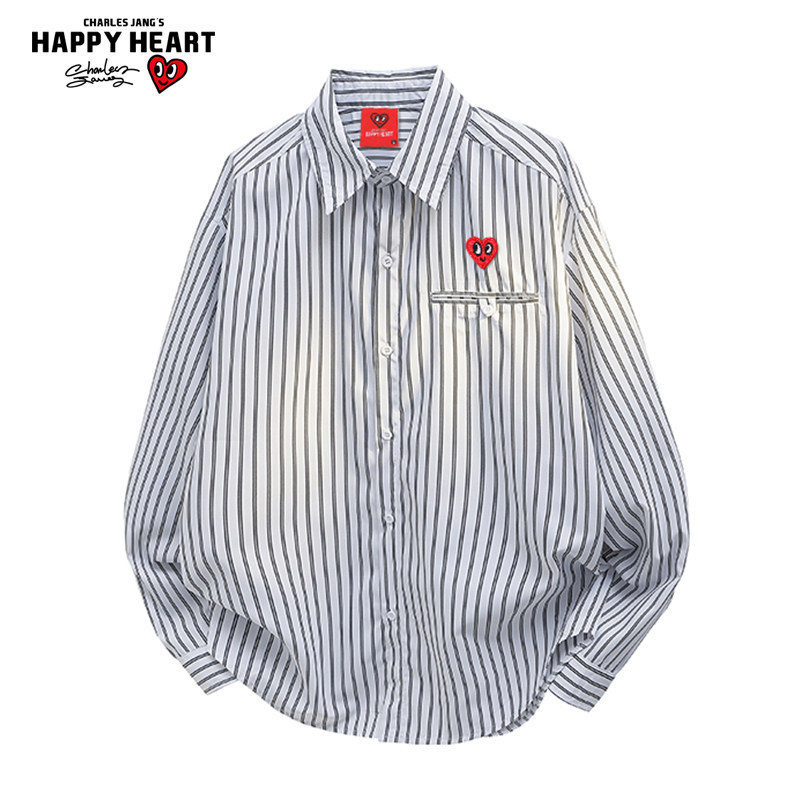 查尔斯桃心日系复古条纹长袖衬衫男宽松休闲百搭情侣打底衬衣外套,男装,衬衫,淘宝优惠券,粉丝福利购,淘宝优惠卷