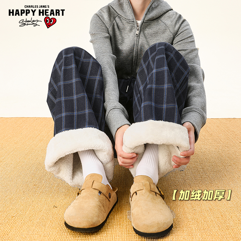 查尔斯桃心藏青色格纹加绒休闲裤男女冬季慵懒感加厚直筒阔腿裤子