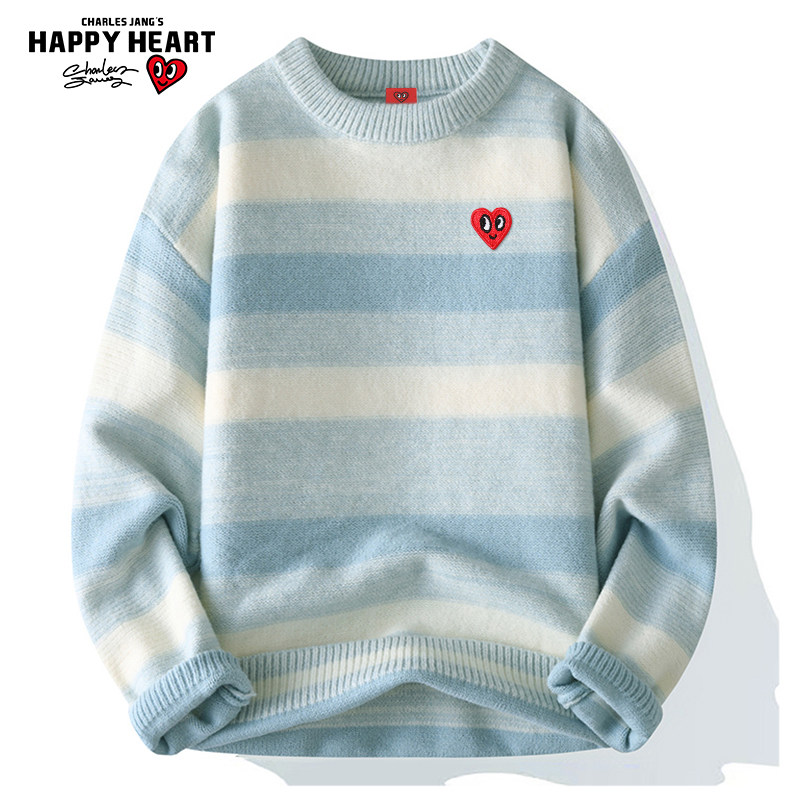查尔斯桃心日系渐变条纹圆领毛衣男2025秋冬休闲少年感情侣针织衫