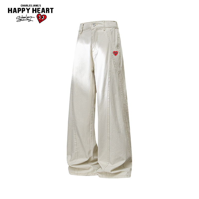 查尔斯桃心纯棉直筒休闲牛仔裤男女春秋季新款宽松潮牌弯刀长裤子