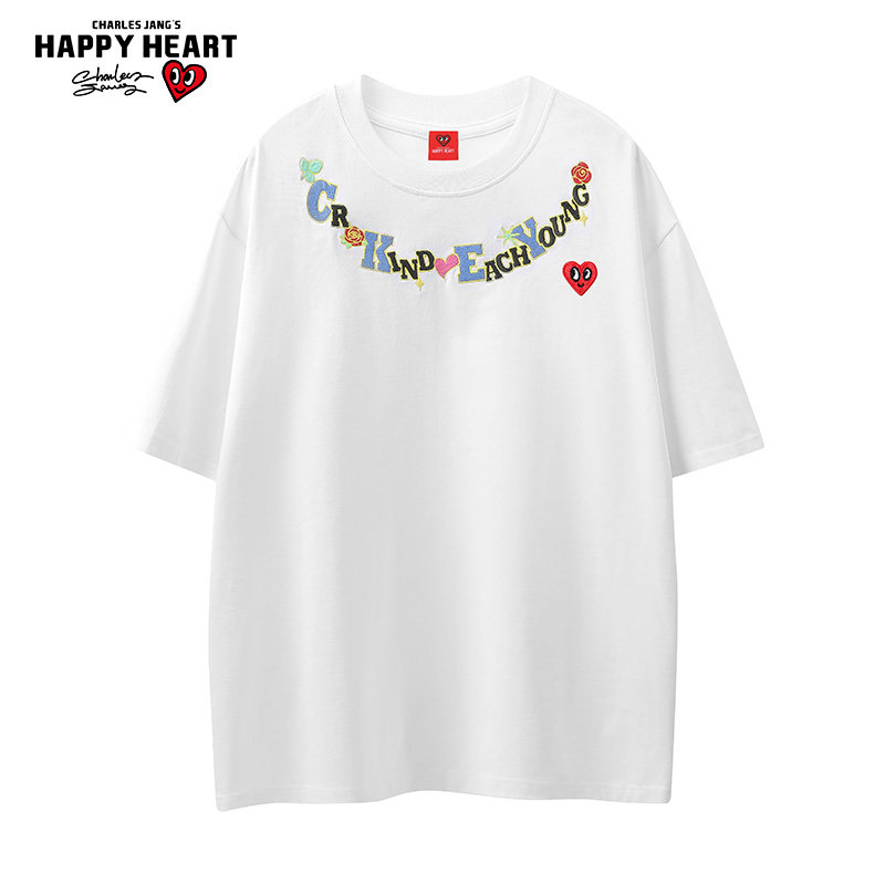 查尔斯桃心 美式字母项链刺绣纯棉圆领短袖T恤男夏季高街情侣半袖