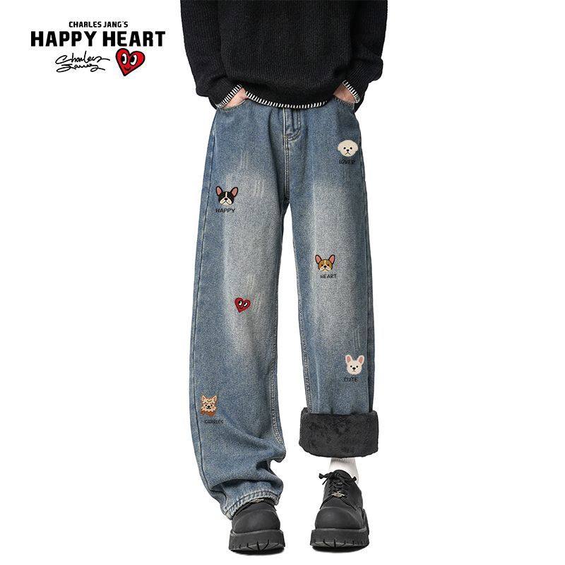 查尔斯桃心冬季加绒加厚卡通动漫印花水洗磨破宽松直筒牛仔裤情侣