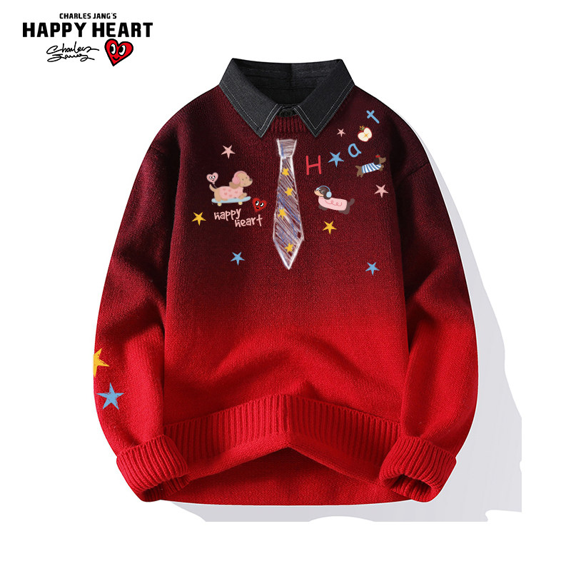 查尔斯桃心涂鸦领带毛衣男女冬季宽松休闲百搭情侣红色针织衫线衣