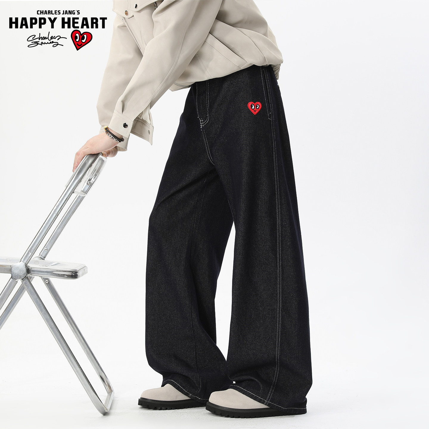 查尔斯桃心美式丹宁原牛弯刀牛仔裤男春秋冬潮直筒宽松百搭长裤子