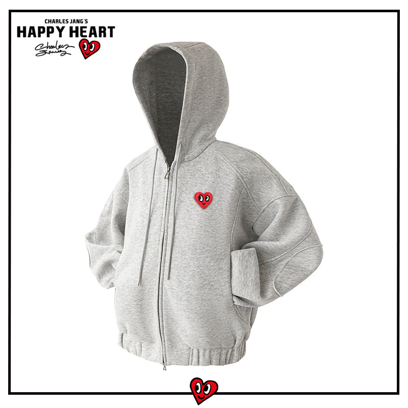 查尔斯桃心美式潮牌短款开衫连帽卫衣男春秋季宽松潮流上衣服外套