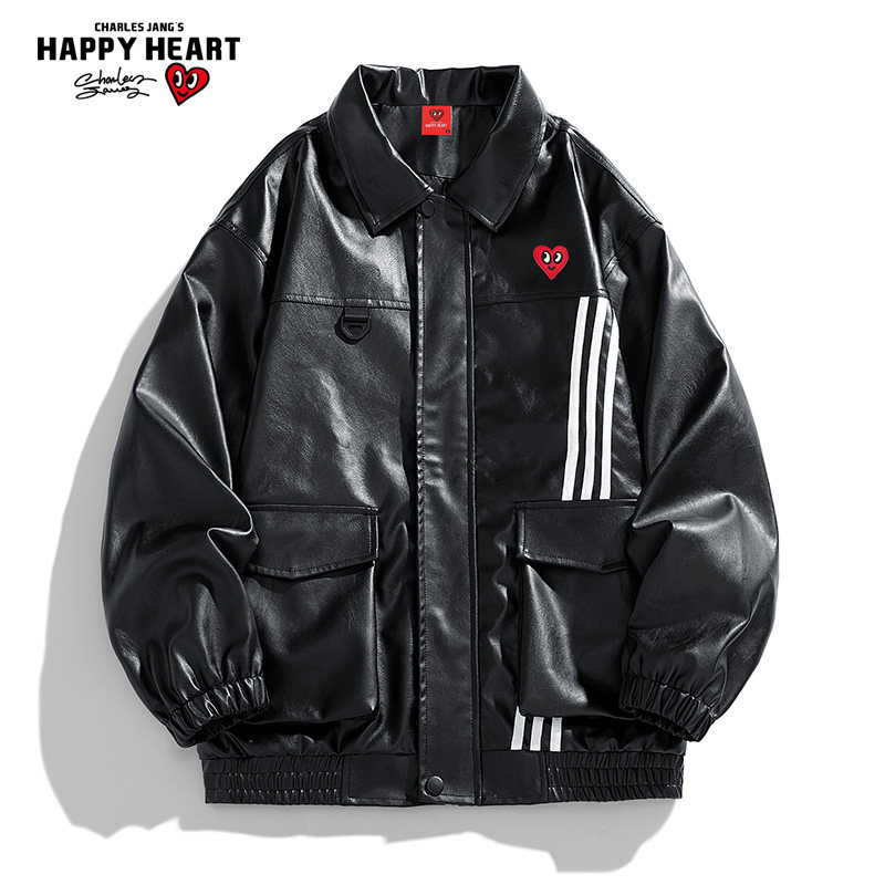 查尔斯桃心 美式工装机车PU皮衣男2026春秋新款痞帅街头翻领外套