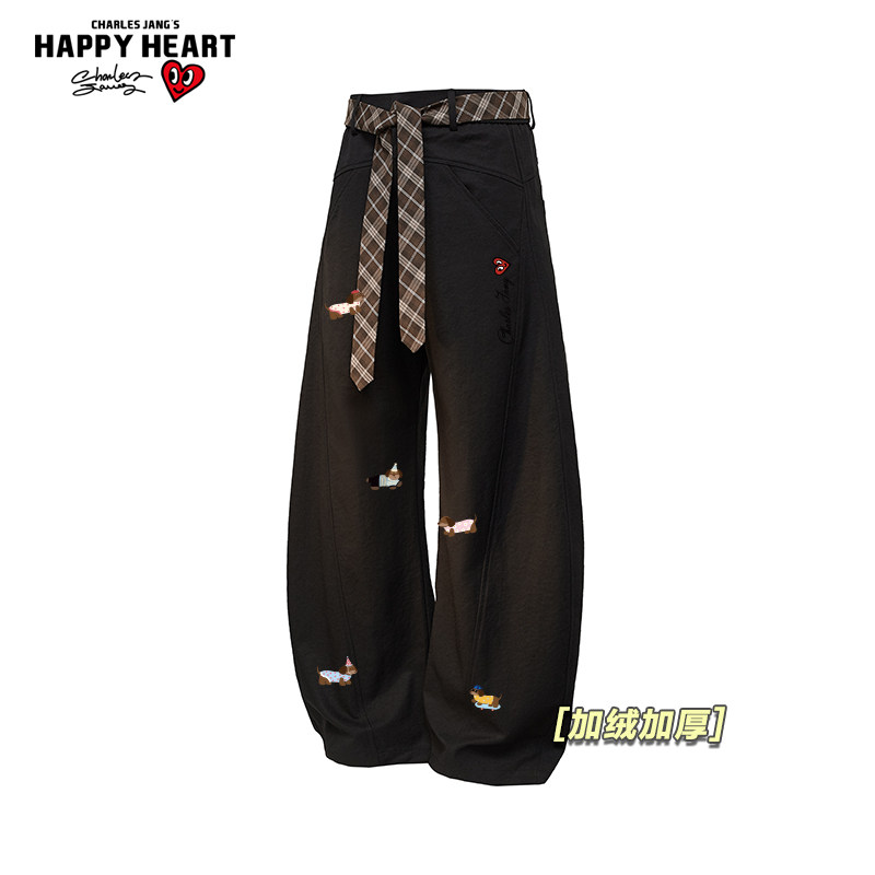 查尔斯桃心腊肠狗印花加绒加厚弯刀裤男女冬季宽松休闲直筒长裤子