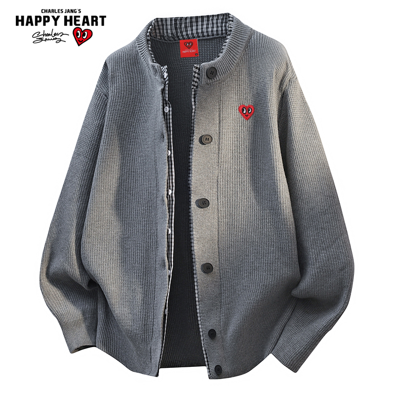 查尔斯桃心 假两件拼接开衫毛衣男秋冬季休闲针织衫线衣情侣外套