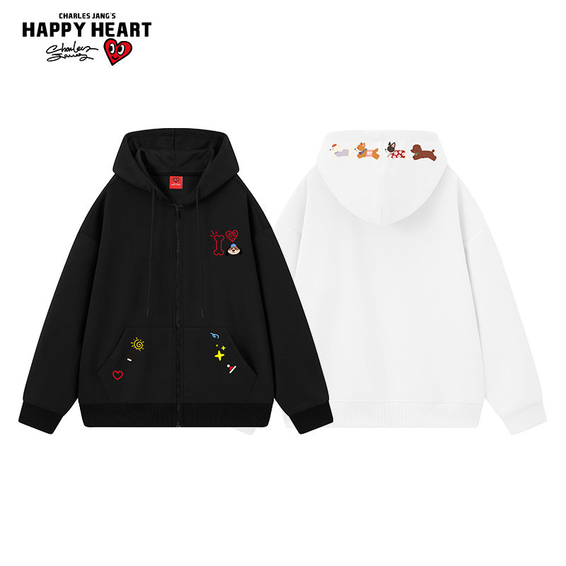 查尔斯桃心童趣小狗涂鸦连帽开衫卫衣男女秋冬季情侣休闲上衣外套