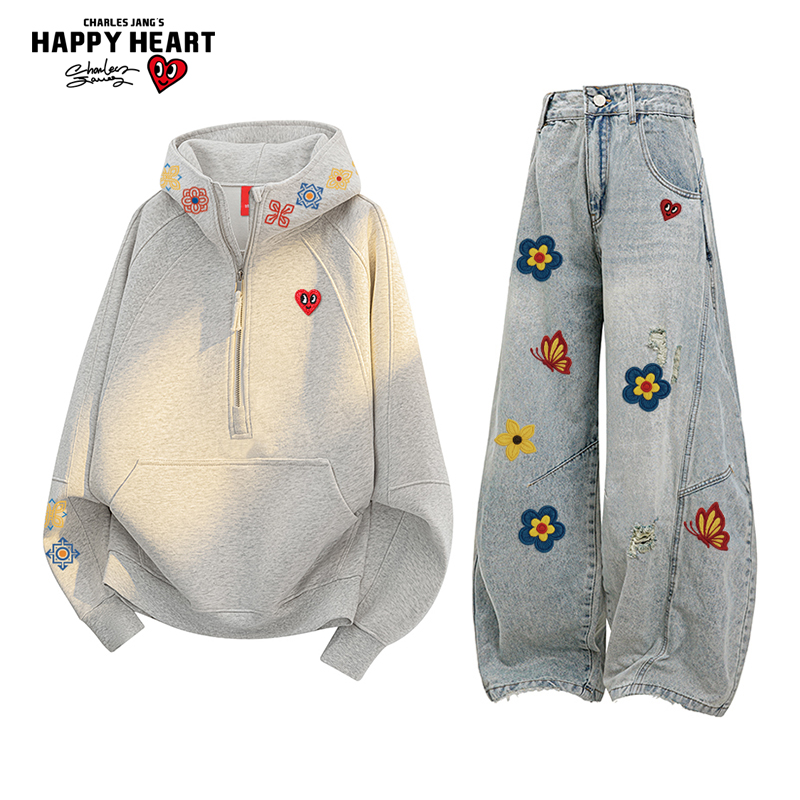 查尔斯桃心美式连帽卫衣休闲套装男士秋冬季