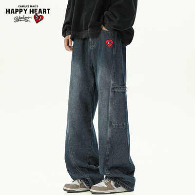 查尔斯桃心中腰牛仔裤男款春秋季美式复古宽松直筒阔腿休闲长裤子