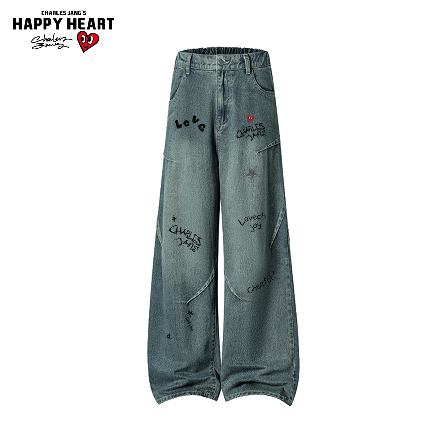 查尔斯桃心美式字母印花褶皱高街牛仔裤子男女春秋季情侣直筒长裤,男装,牛仔裤,淘宝优惠券,粉丝福利购,淘宝优惠卷