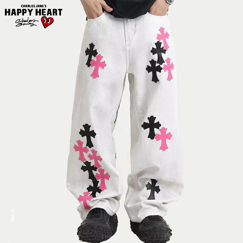 查尔斯桃心美式十字架牛仔裤男女春秋季宽松直筒微喇情侣休闲长裤