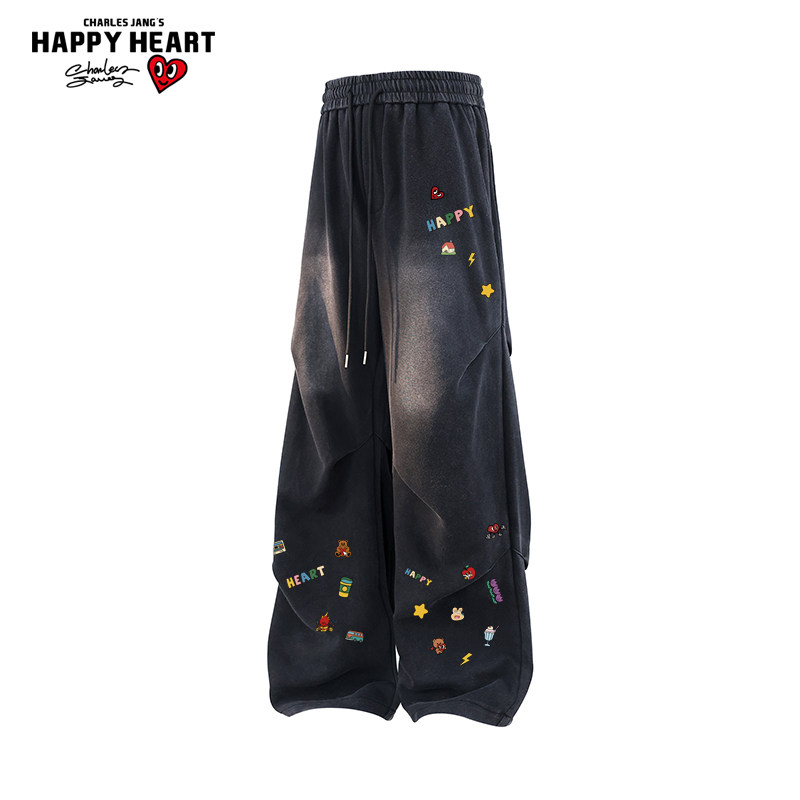 查尔斯桃心趣味印花美式加绒加厚褶皱休闲裤男女冬季新款直筒裤子