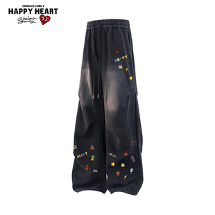 查尔斯桃心趣味印花美式加绒加厚褶皱休闲裤男女冬季新款直筒裤子