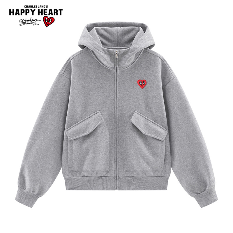 查尔斯桃心美式420g重磅连帽开衫卫衣男女春秋季空气层微短款外套