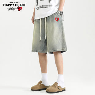 美式 休闲复古短裤 水洗做旧凉感牛仔五分裤 薄款 男夏季 查尔斯桃心