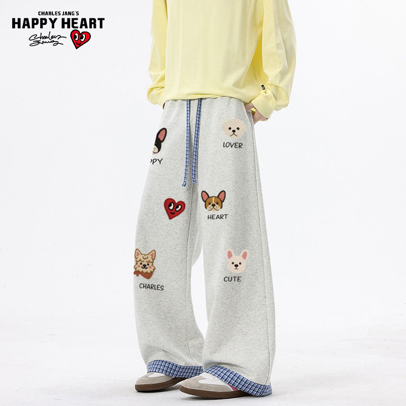 查尔斯桃心美式格纹小狗印花裤子男潮牌宽松阔腿直筒垂感休闲长裤,男装,休闲裤,淘宝优惠券,粉丝福利购,淘宝优惠卷