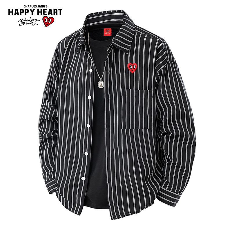 查尔斯桃心 条纹长袖衬衫男春秋夏季宽松翻领2025新款休闲外套