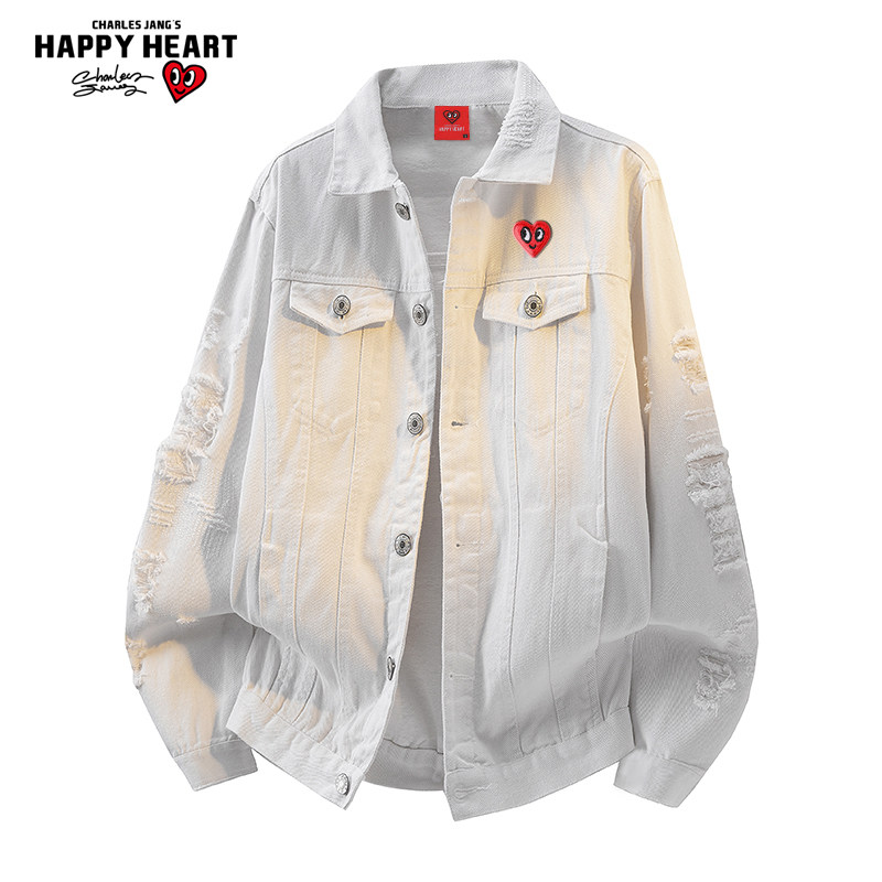 查尔斯桃心 美式高街破洞纯棉牛仔夹克男翻领休闲春秋季情侣外套,男装,夹克,淘宝优惠券,粉丝福利购,淘宝优惠卷