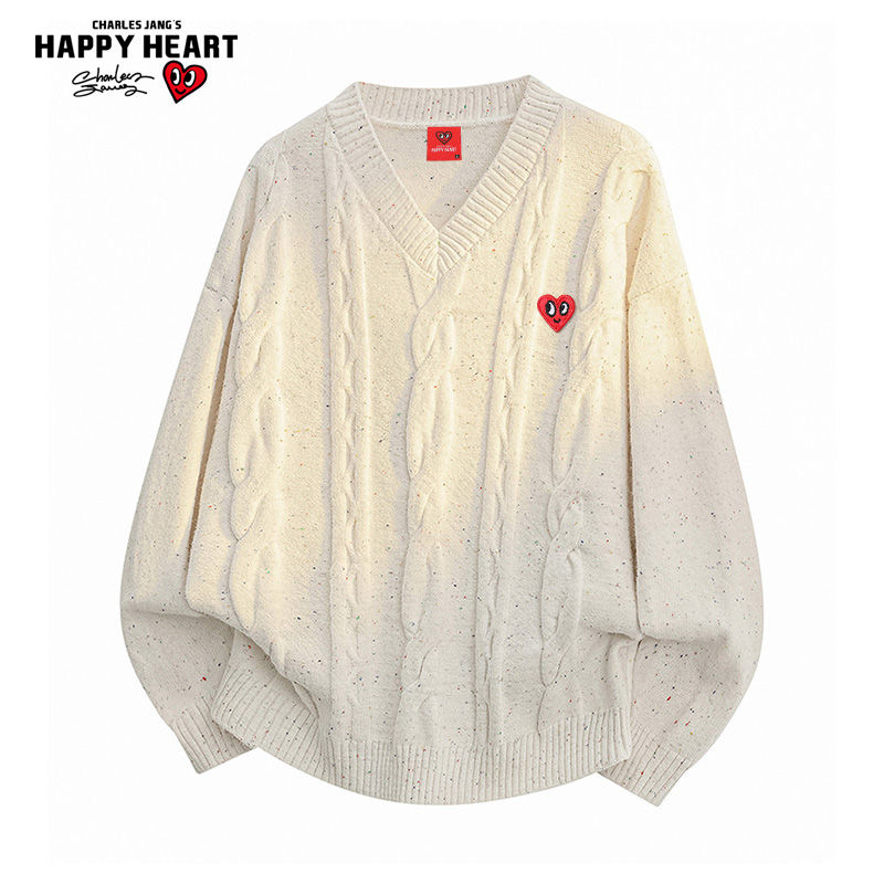 查尔斯桃心 麻花纹V领毛衣男秋冬季新款懒惰情侣潮牌宽松针织衫