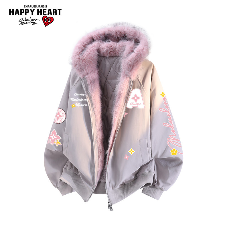 查尔斯桃心连帽座山雕棉服冬季新款男女宽松休闲保暖潮牌印花外套