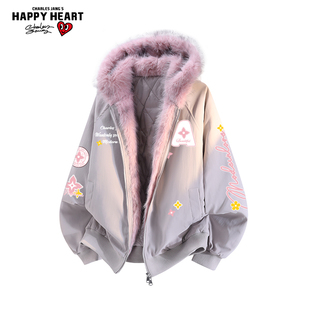 查尔斯桃心连帽座山雕棉服冬季新款男女宽松休闲保暖潮牌印花外套