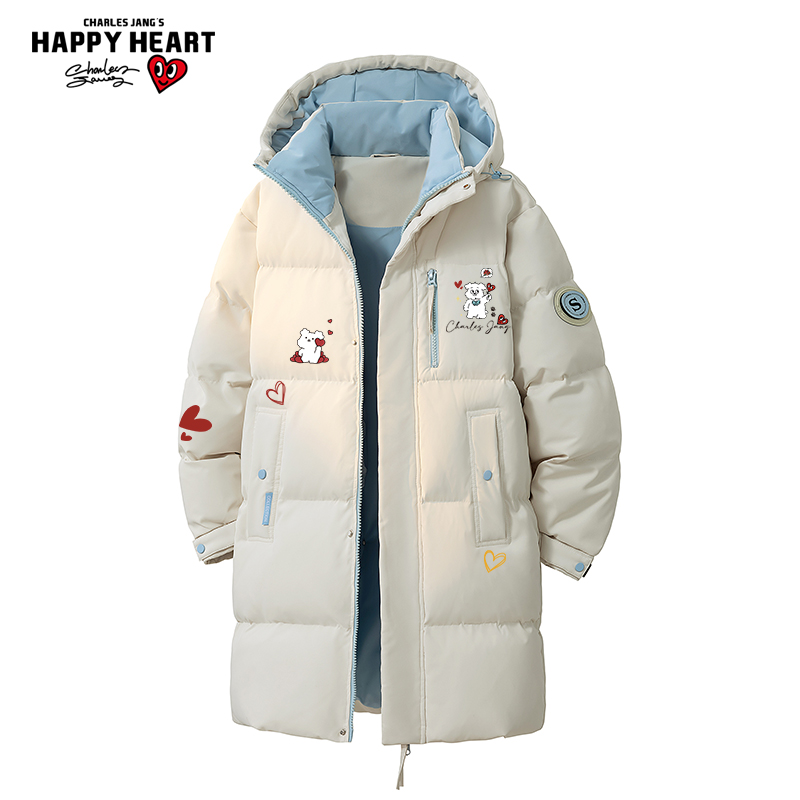 查尔斯桃心 美式中长款棉服男冬季撞色加厚过膝保暖情侣御寒外套