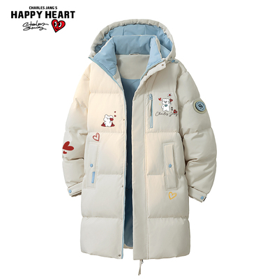 查尔斯桃心 美式中长款棉服男冬季撞色加厚过膝保暖情侣御寒外套