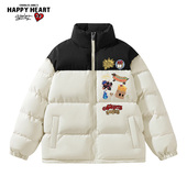 查尔斯桃心美式 动漫印花撞色立领棉衣男女秋冬季 高街面包棉服外套