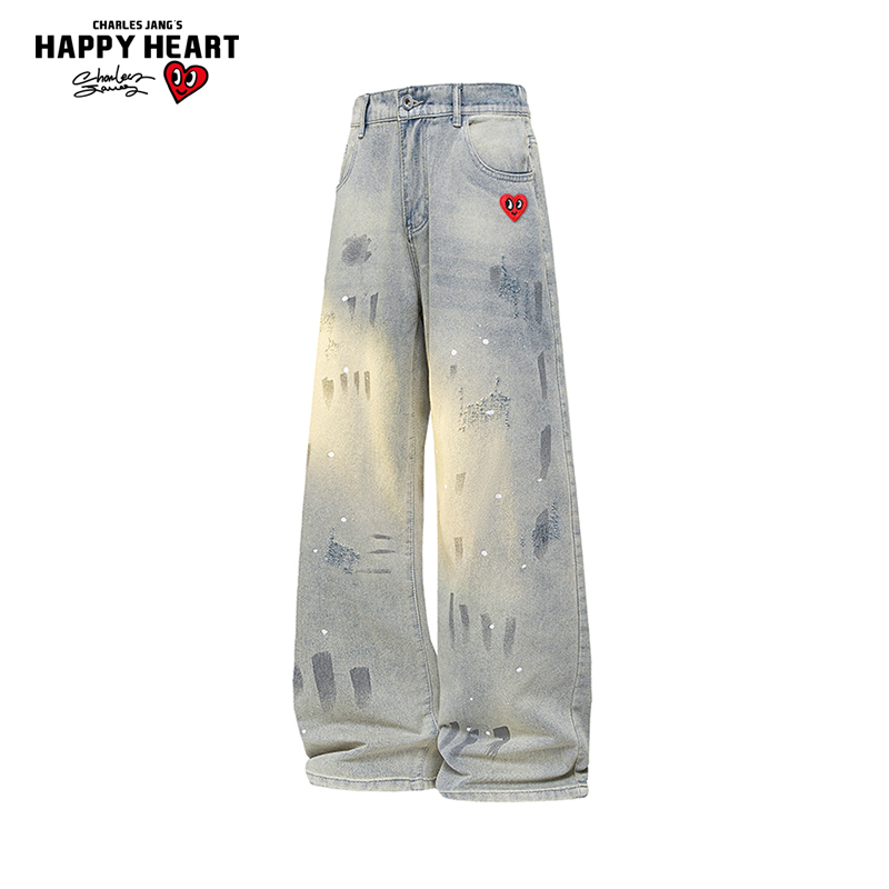 查尔斯桃心泼墨复古牛仔裤男士新款宽松休闲