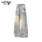 查尔斯桃心泼墨复古牛仔裤 子潮 宽松休闲潮牌直筒阔腿长裤 男士 新款