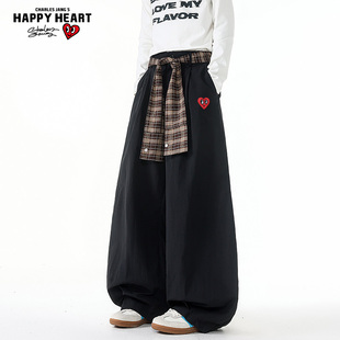 宽松阔腿直筒休闲长裤 查尔斯桃心 子男春秋季 拼色格纹腰带裤 美式