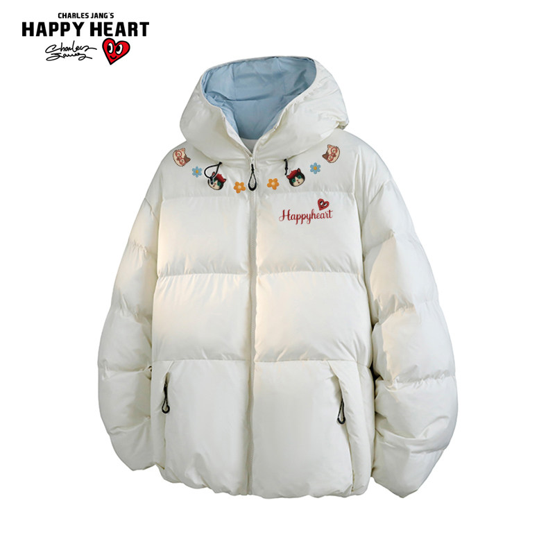 查尔斯桃心小猫印花连帽休闲运动棉服男女冬季新款加厚面包外套潮
