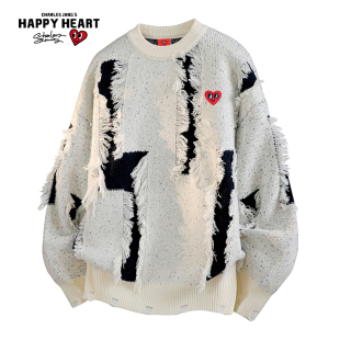 查尔斯桃心 撞色毛衣男圆领秋冬季新款百搭懒惰风潮牌毛边针织衫