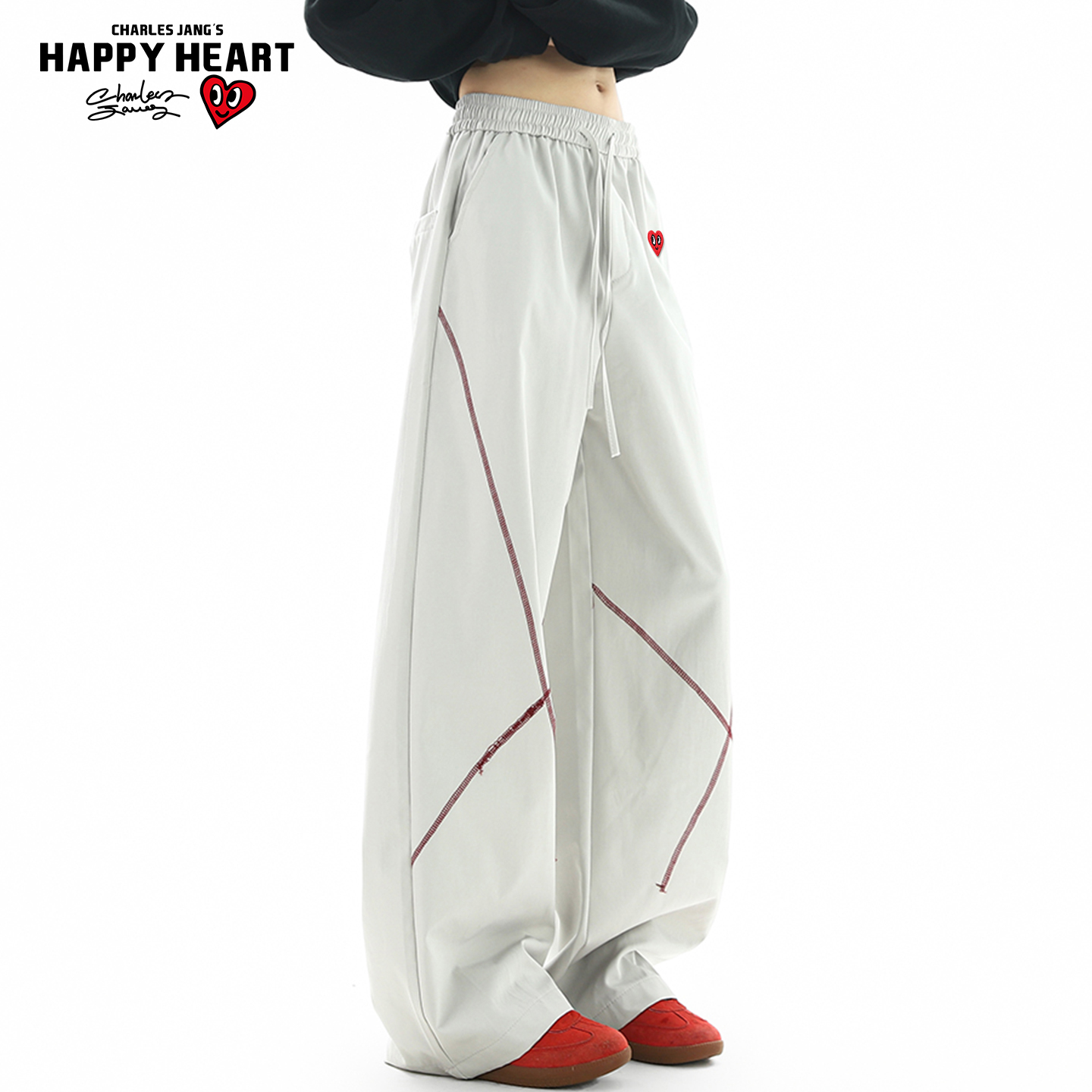 查尔斯桃心美式哈苏线撞色弯刀卫裤男女秋冬季重磅宽松运动休闲裤
