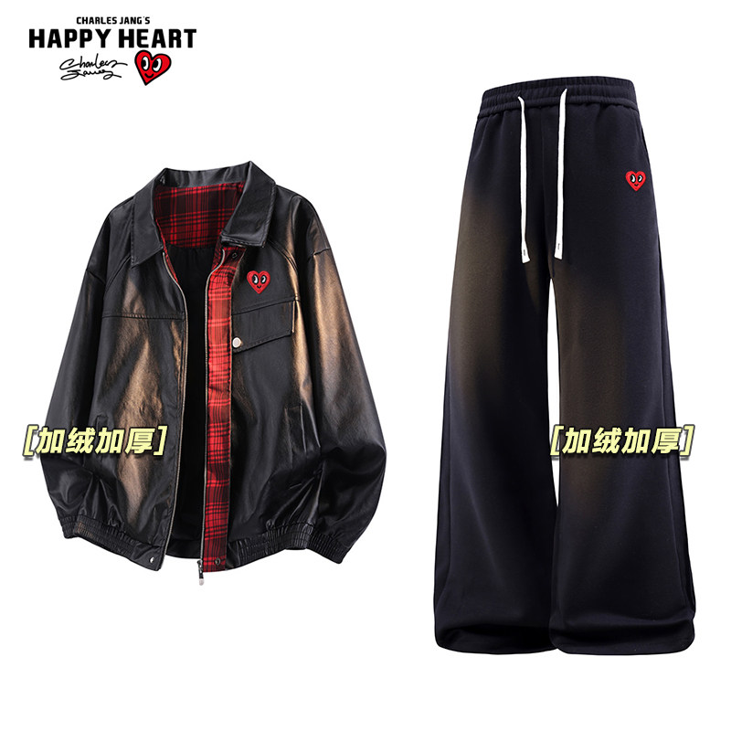 查尔斯桃心休闲套装男女冬季新款加绒加厚皮衣夹克直筒宽松卫裤子
