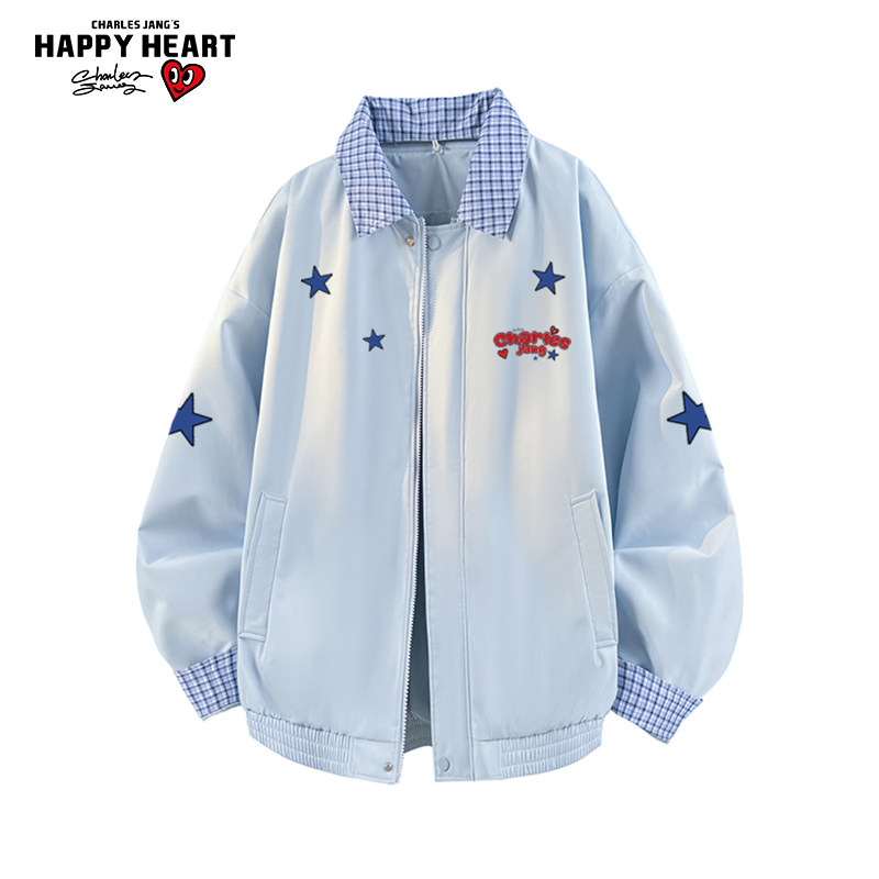 查尔斯桃心星星印花美式拼接翻领夹克春秋季新款男女宽松休闲外套