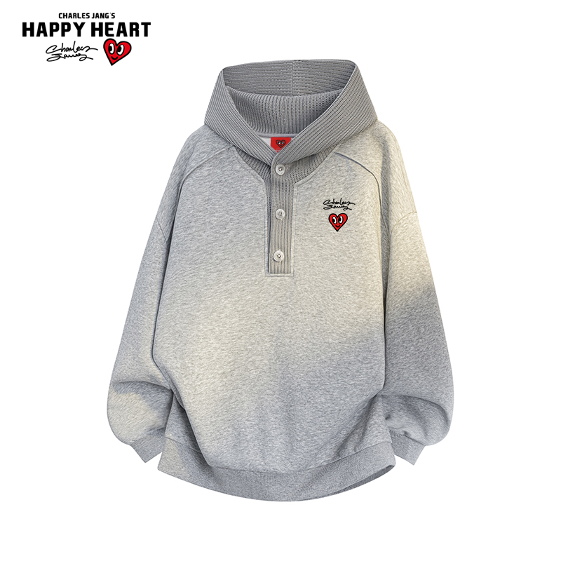 查尔斯桃心日系复古拼接针织连帽卫衣男春秋季宽松休闲情侣上衣服