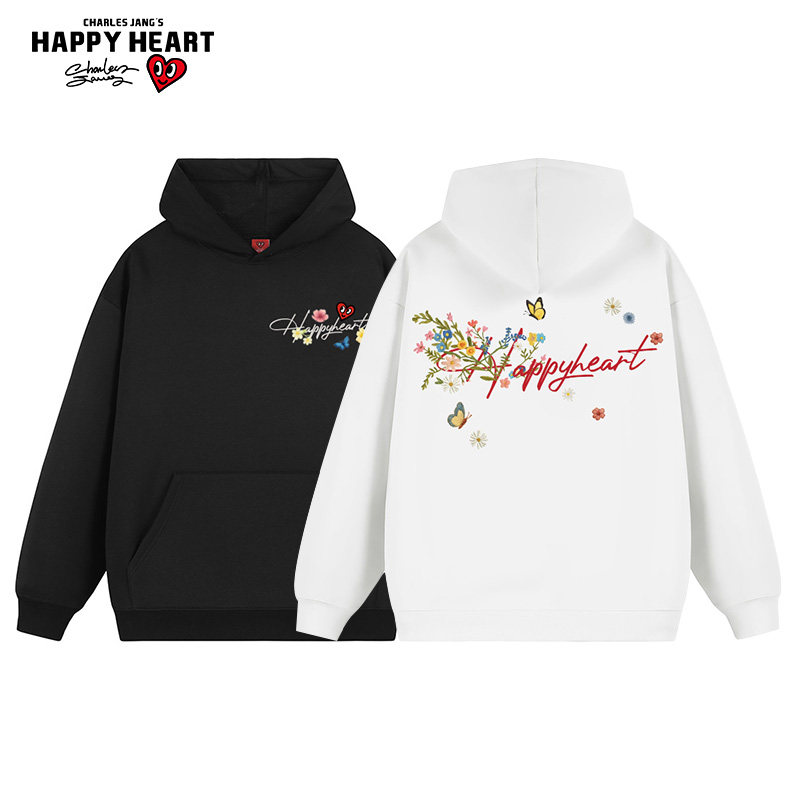 查尔斯桃心 仿刺绣花卉蝴蝶印花连帽卫衣男女款春秋美式情侣外套