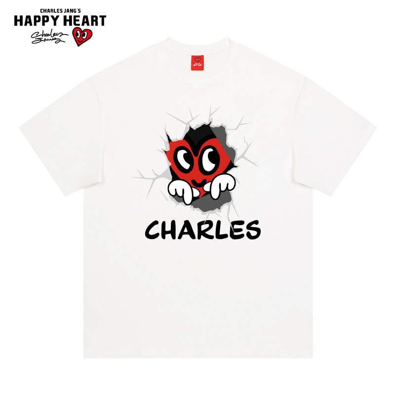 查尔斯桃心 美式短袖t恤男2026年夏季纯棉破墙印花圆领情侣半袖T
